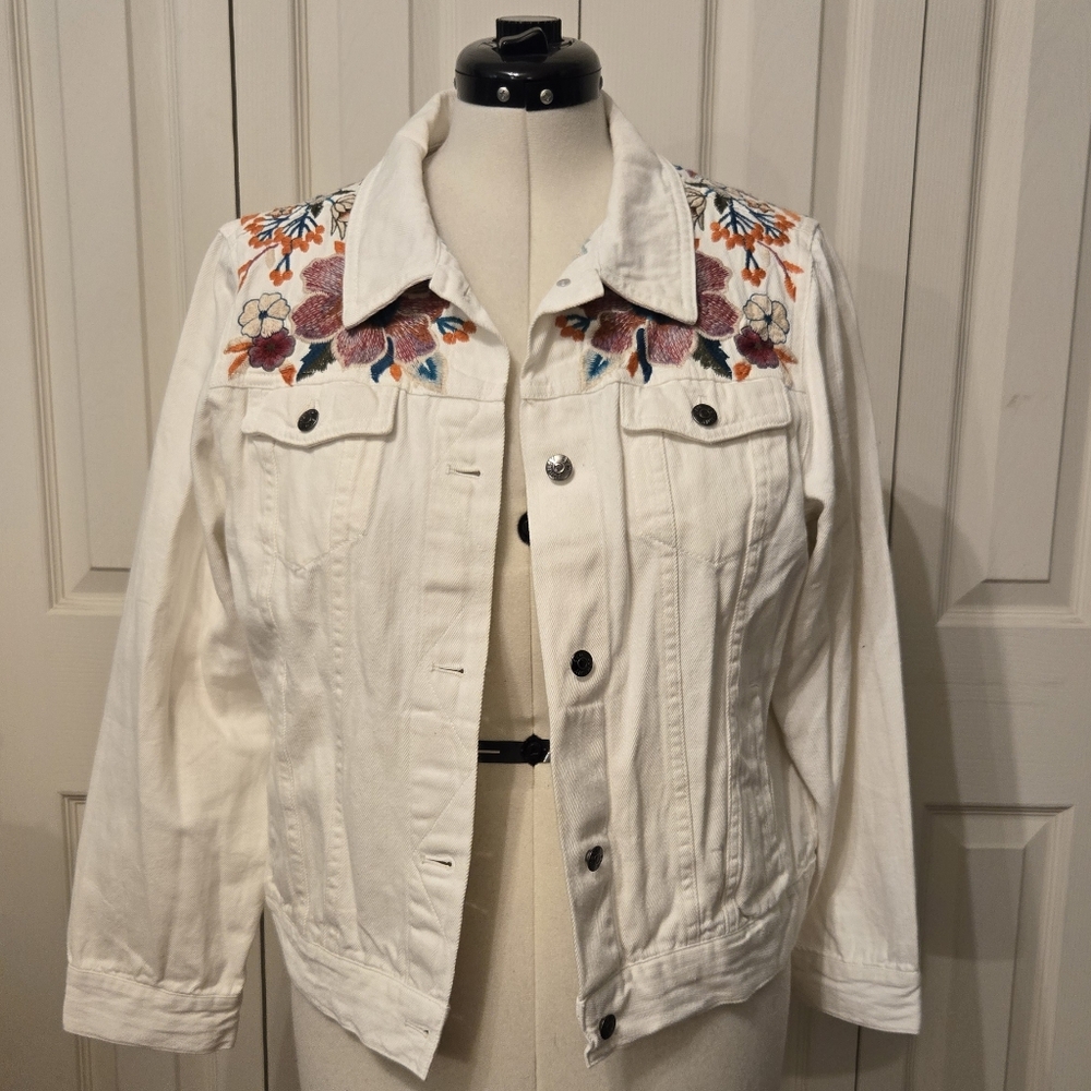 Johnny Was White Denim Jacket with Multicolor Floral Embroidery